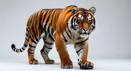 Obraz premium Tiger on the prowl, moving toward and gazing at the camera, isolated.