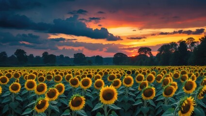 Beautiful sunset above a field of sunflowers.