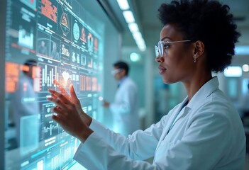 Female Scientist Analyzing Data on Futuristic Interface in Modern Lab