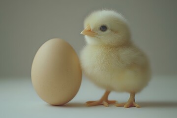 Fototapeta premium Adorable yellow baby chick standing next to brown chicken egg on white surface, soft focus portrait with gentle natural lighting and shallow depth of field.