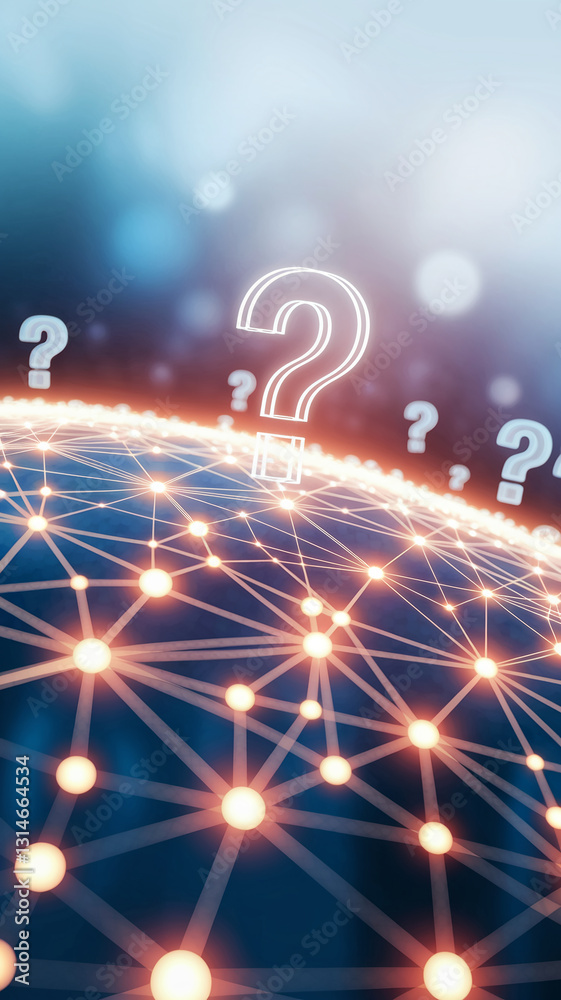 Poster Abstract network graphic with glowing nodes and large question marks, suggesting global connectivity and unanswered questions, ideal for technology or brainstorming concepts