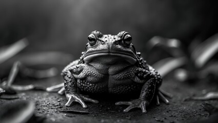Black and white image of a portrait featuring a toad.
