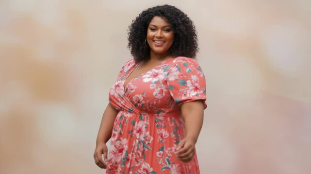 Confident Black woman in a floral dress posing against a soft neutral background, celebrating style and body positivity. Fashion inclusivity, self-love, radiant beauty.