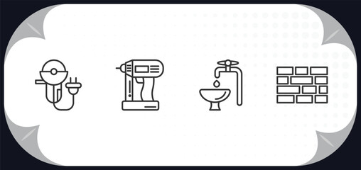 outline icons set - construction concept. grinder, nail gun, adjusment system, birck wall.