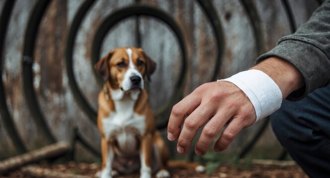 A male dog has bitten a man's hand, resulting in a bandaged human hand after the dog bite. This highlights the concept of animal care and rabies prevention.