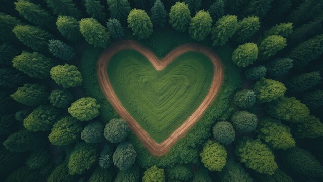 Aerial view of a forest clearing taken from a drone. Top shot, heart shaped meadow.