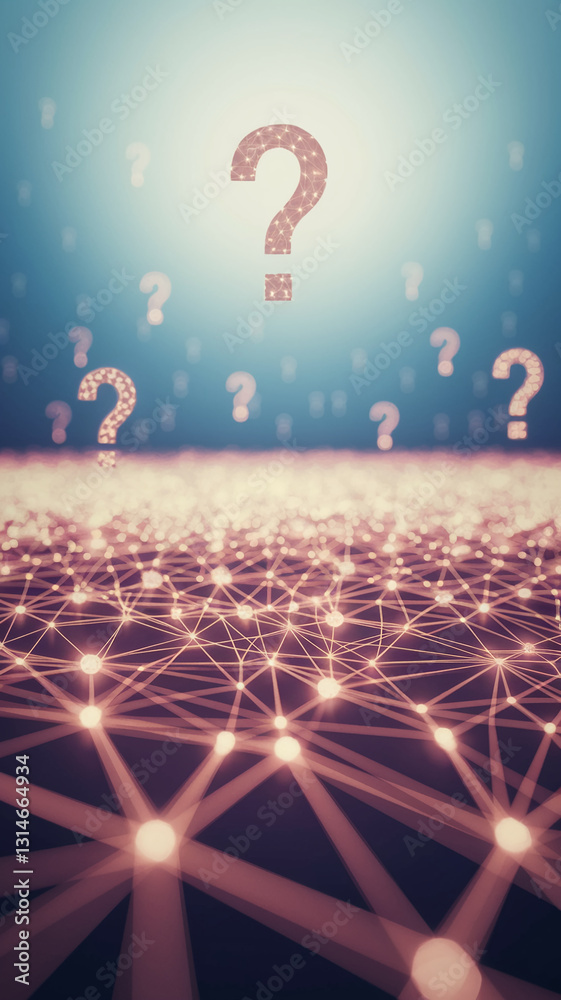 Aufkleber Abstract image of glowing network with large question marks, symbolizing search, inquiry, or knowledge network concept, suitable for technology or information-related projects