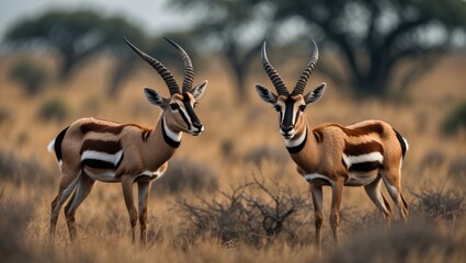 Fototapeta premium Two topi antelope in the bush gazing at the camera. Wildlife observed during a safari.