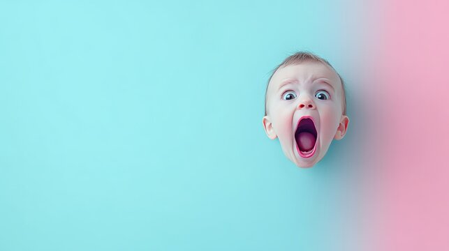 Baby shouting with open mouth on colorful background