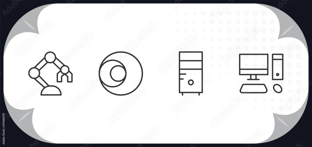Poster outline icons set - computer concept. robotics, circular de, pc tower, pc with monitor.