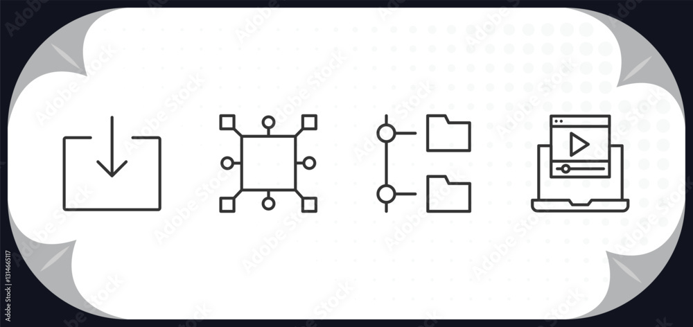 Poster outline icons set - computer concept. download from the net, square chip, connected folder data, com