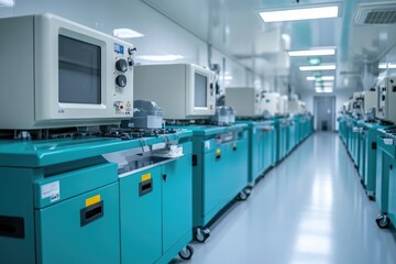 Modern Laboratory: Row of Teal Medical Equipment in Clean Room