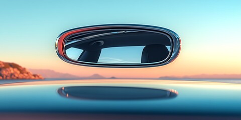 Obraz premium Driving to Horizon Car Mirror Reflection of Coastal Landscape View