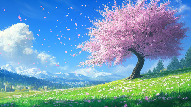 fairy tail wallpaper, meadow, young tree leaning with falling branches, cherry blossoms, blue sky, spring secene
