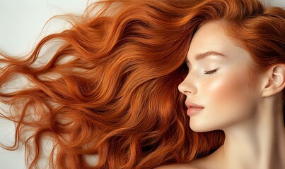 Obraz premium Young woman with flowing red wavy hair against light background, eyes closed in serene expression, showing natural beauty and healthy glowing skin.