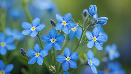 Fototapeta premium Blue small forget-me-not flowers. Background of spring blossoms. Close-up photo of blooming wildflowers with blue petals on a summer day.
