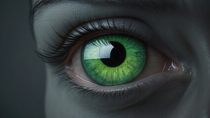 Fototapeta premium Realistic human eye featuring a green iris pupil, set against a dark grey background.