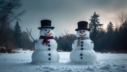Obraz premium Two snowmen are positioned in the snow against a winter backdrop.