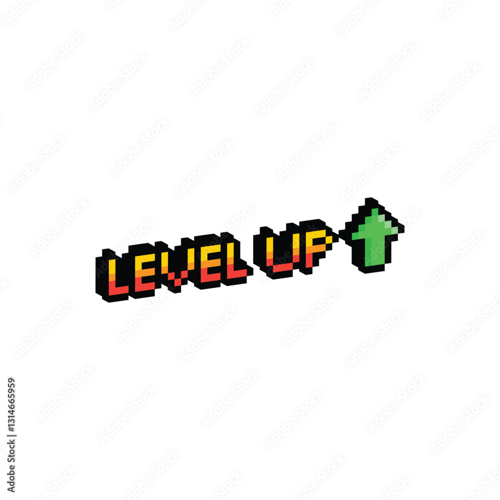 Poster isometric level up button 8 bit text level up Pixel art 8-bit for game you win