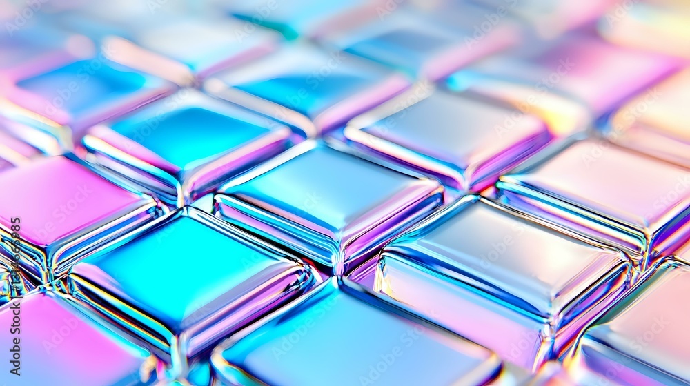 Poster metallic geometric squares with holographic iridescent effect in pink and blue colors creating moder