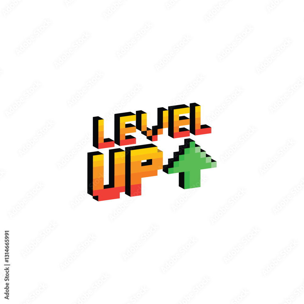 Fototapete isometric level up button 8 bit text level up pixel art 8-bit for game you win