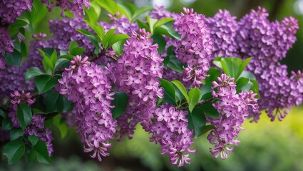 Obraz premium Blossom lilac flowers in a garden setting. Branch of the blooming lilac bush.
