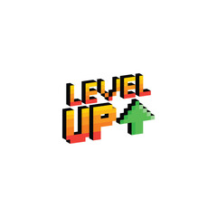 isometric level up button 8 bit text level up Pixel art 8-bit for game you win