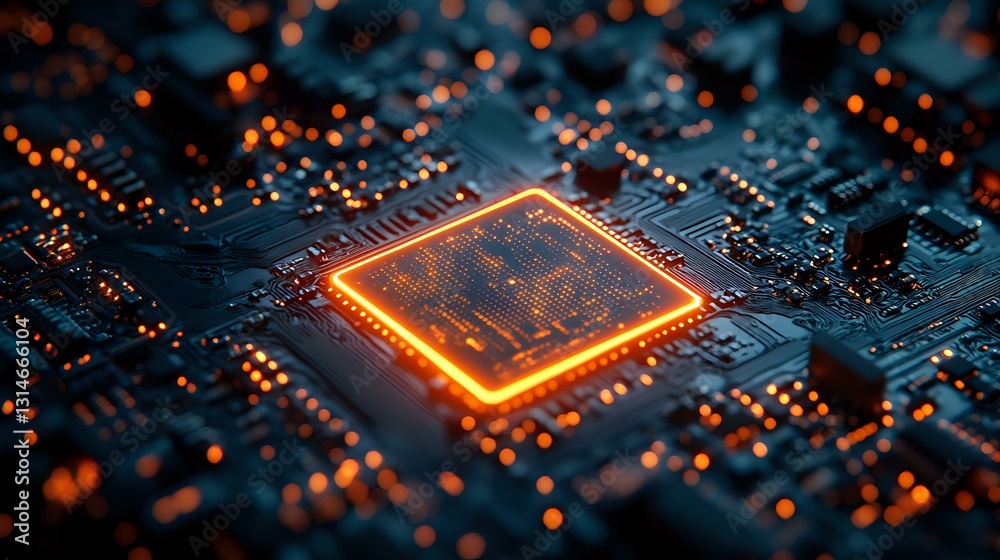 Poster glowing orange processor on circuit board with bokeh light effects, dramatic macro photography showc