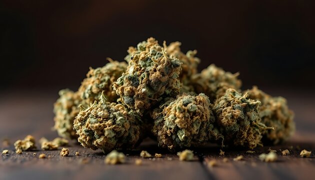 Close-up of Cannabis Nugs on Wooden Surface for Medical Use