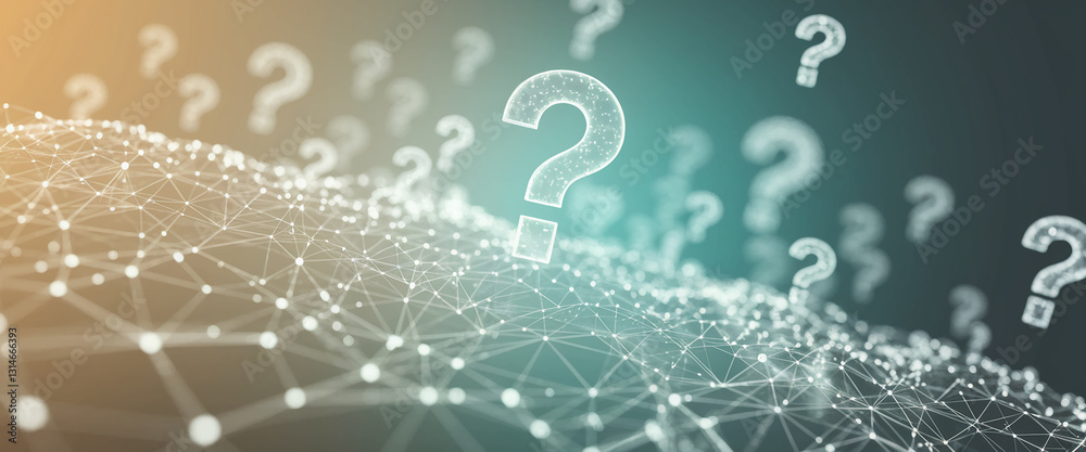 Poster abstract background with glowing large question marks on a network mesh, symbolizing curiosity, unce