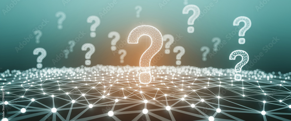 Poster network mesh with glowing large question marks, representing inquiry, uncertainty, and the search fo