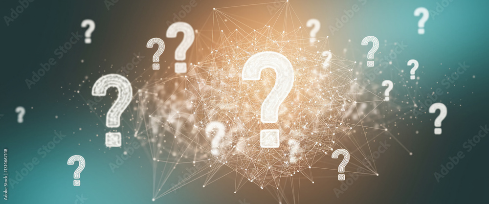 Aufkleber Abstract background with glowing large question marks connected by a network, symbolizing inquiry, uncertainty, and the search for knowledge or answers