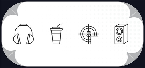 outline icons set - cinema concept. headphone, take away drink, movie countdown, loud woofer box.