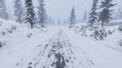 Obraz premium Snowy winter road through a pine forest