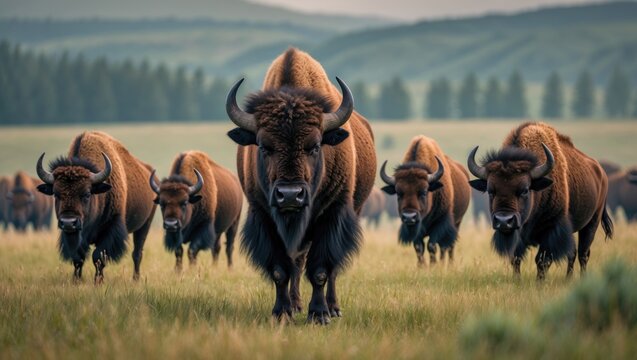 Herd of bisons in the meadow