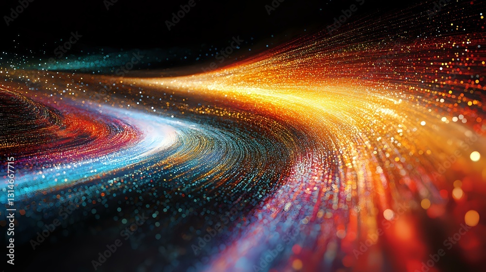 Poster vibrant light trails curve through dark space creating dynamic motion effect with orange, blue and r