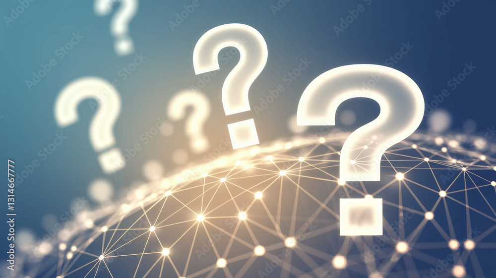 Aufkleber abstract image of glowing large question marks over a network, symbolizing questions, queries, and o