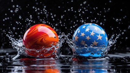 Two vibrant and colorful marbles bouncing on a dark, wet surface.