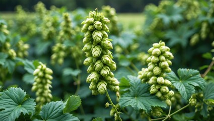 Hop cones develop along the stem of the plant.