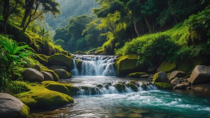 Obraz premium Beautiful river in the Andes Mountains close to the cave of splendor. Primary forest. Tropical vegetation that is lush and green.