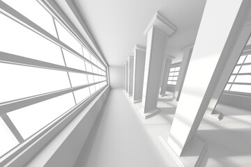 Obraz premium Modern architectural interior with white columns and large windows. 3d render