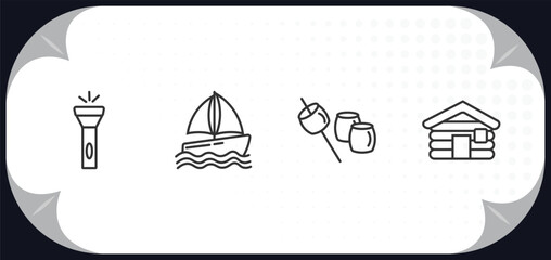 outline icons set - camping concept. torch, boat, marshmallow, cabin.