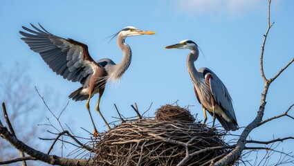 Grey heron nearing the nest with nesting material