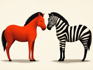 Fototapeta premium Artistic digital illustration of a red horse and a black and white zebra standing together symbolizing contrast diversity and coexistence