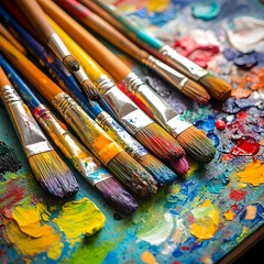 Obraz premium Colorful Paintbrushes on a Vibrant Paint Palette