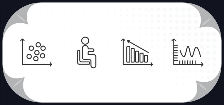 outline icons set - business concept. scatter chart, sitting, measure success, smooth line chart.