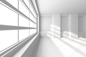 Obraz premium Minimalist interior with large windows and sunlight streaming in a modern white room. 3d render.