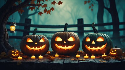 Fototapeta premium Halloween pumpkins positioned on wood against a spooky forest backdrop.