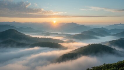 Fototapeta premium Capture the essence of a serene sunrise over mist-covered mountains, where soft, golden sunlight delicately illuminates the valleys below. This image reflects the tranquility of nature and the breath.