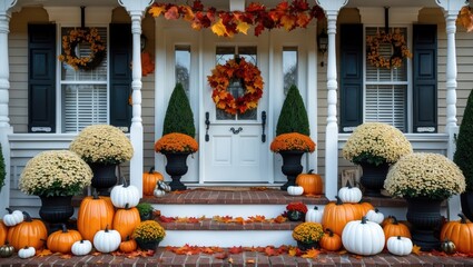Obraz premium Chic autumn greeting with stylish black and white fall decorations on the front porch.